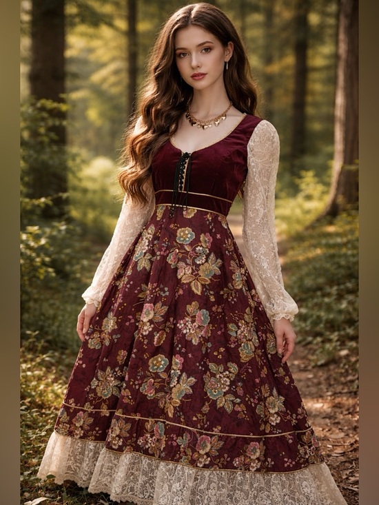 Gunne Sax Dresses & Skirts - Gunne Sax Vintage-Inspired Burgundy Floral renaissance Dress  Lace Sleeve RARE